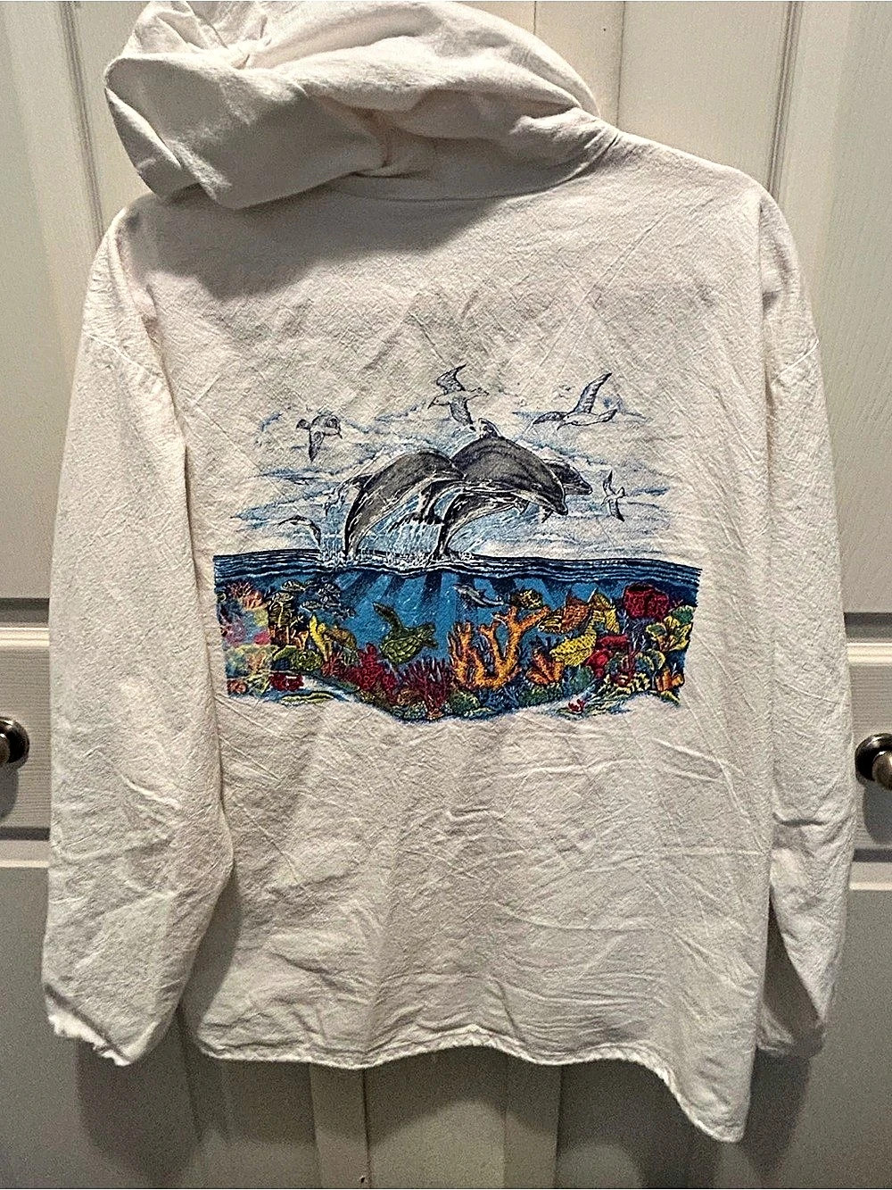 White & Blue Cancun Mexico Hooded Jacket Size Medium